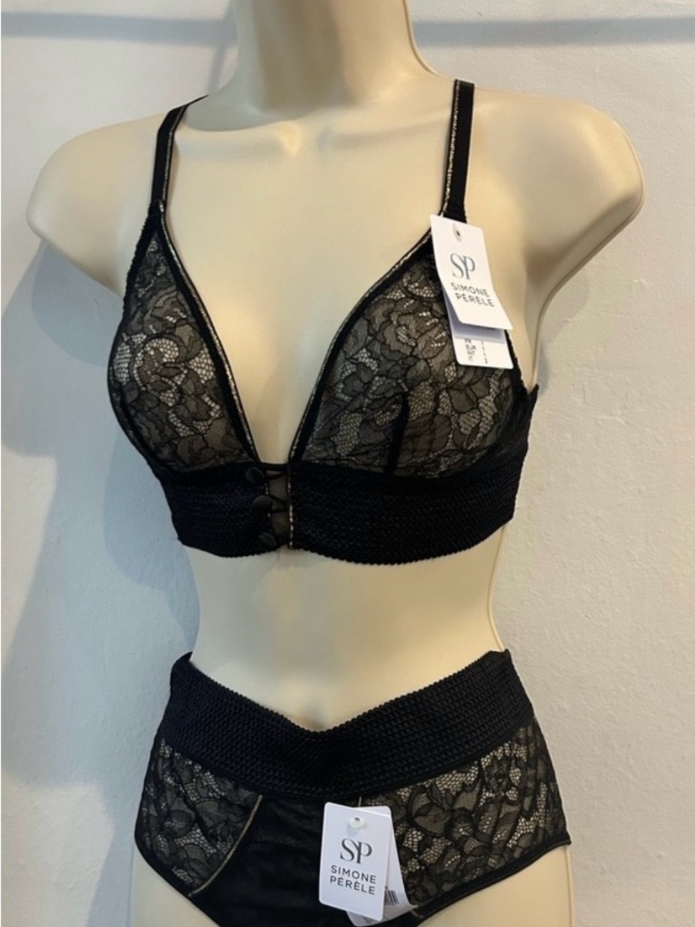 NWT Simone Perele Black Lace Bralette and High-Waist Brief Set Size XS